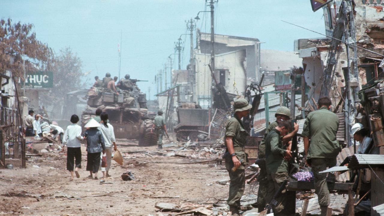 An American tank of the 9th Division among the ruins of a Saigon street after retaking the area following the Mini-Tet offensive in 1968. | Location: near Y-bridge, Saigon, Vietnam. (Photo by © Tim Page/CORBIS/Corbis via Getty Images)