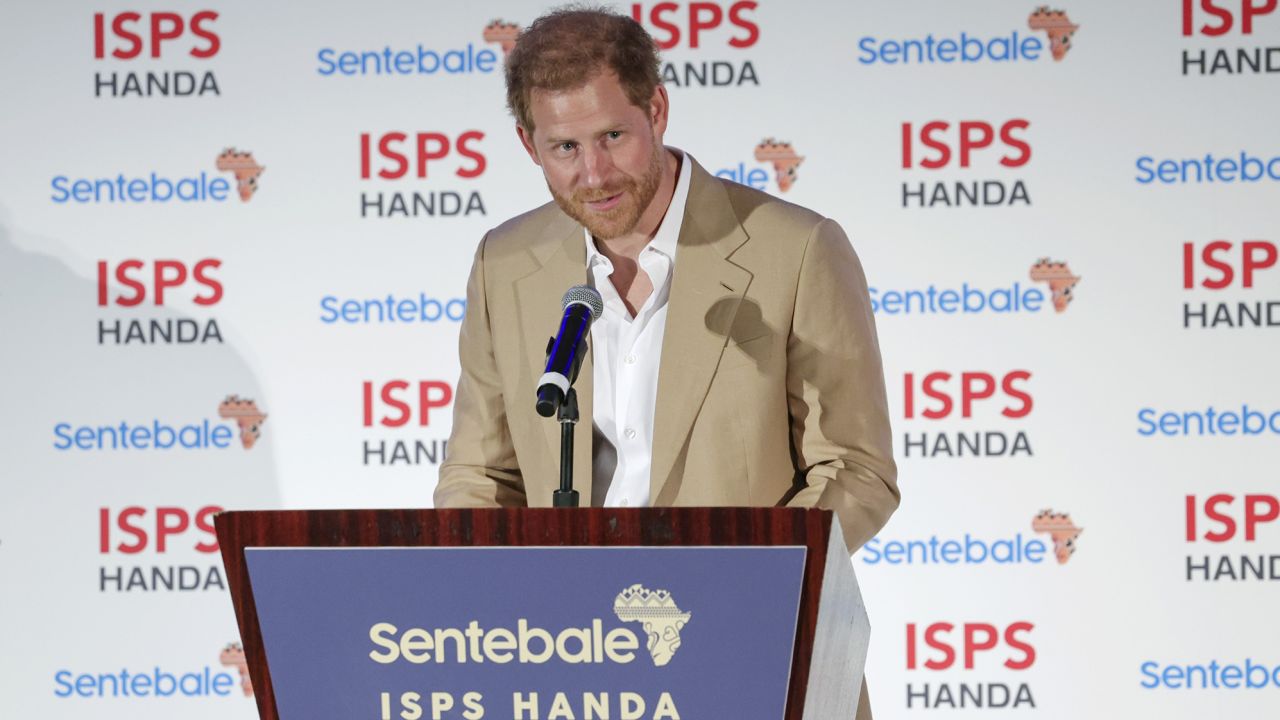Prince Harry speaks at the Sentebale ISPS Handa Polo Cup 2022 in Aspen, Colorado on August 25, 2022. 