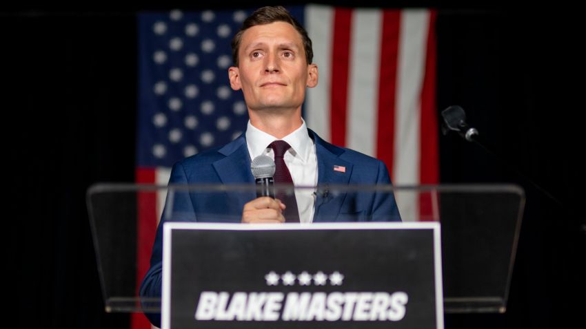 CHANDLER, ARIZONA - AUGUST 02: Republican U.S. senatorial candidate Blake Masters speaks during his election night watch party on August 02, 2022 in Chandler, Arizona. Masters, who has the blessing of former President Donald Trump, has seen his lead in the polls in recent days extend to double digits among likely GOP voters over businessman Jim Lamon and state Attorney General Mark Brnovich. He currently has the lead in the polls tonight with 36.9%. (Photo by Brandon Bell/Getty Images)