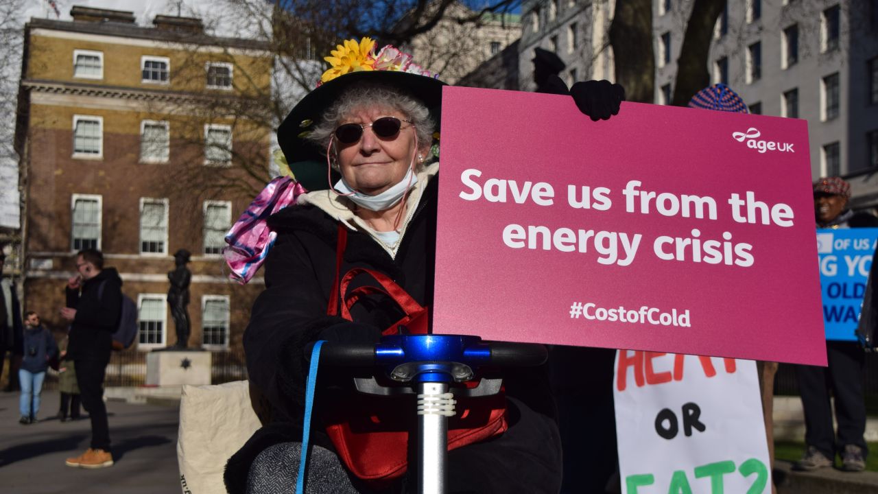 A protester demonstrates outside Downing Street in January as the energy crisis spiraled.

