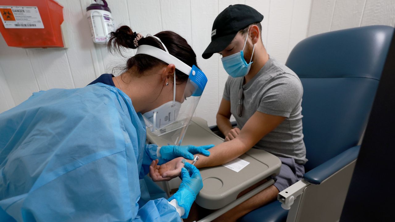 Patricia Pico, a registered nurse, administers an intradermal monkeypox vaccine to Anthony E. Verges at a vaccination site setup in Tropical Park by Miami-Dade County and Nomi Health on August 15, 2022, in Miami, Florida. Miami-Dade continues to urge people to vaccinate as they work to get more vaccines now that the county has over 400 cases, which is the most in the state. (Photo by Joe Raedle/Getty Images)