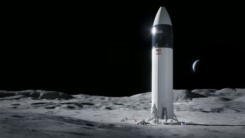This illustration shows SpaceX's Starship human lander design that will carry the first NASA astronauts to the surface of the moon through the Artemis program.
