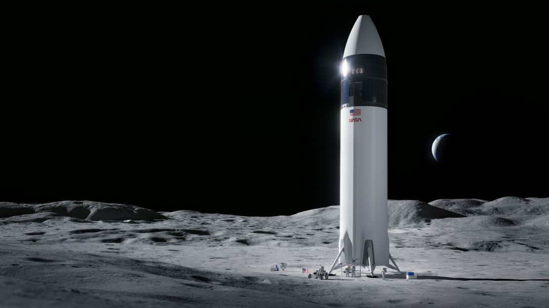 This illustration shows SpaceX's Starship human lander design that will carry the first NASA astronauts to the surface of the moon through the Artemis program.
