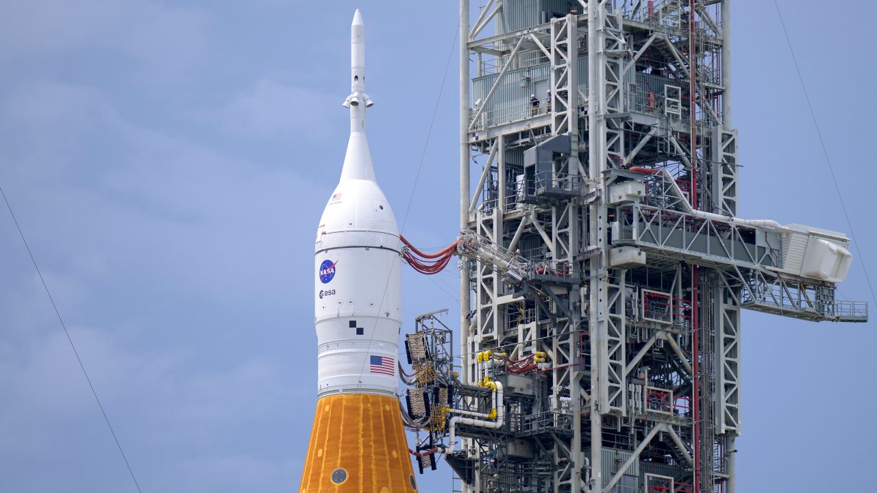 NASA's Space Launch System rocket with the Orion spacecraft aboard is seen atop a mobile launcher at Launch Pad 39B as preparations for launch continue, Friday, August 26, 2022, at NASA's Kennedy Space Center in Florida.