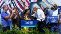 U.S. Rep. Charlie Crist, D-Fla., second from right, stands with United Teachers of Dade (UTD) President Karla Hernandez-Mats, center, outside of the United Teachers of Dade offices, Tuesday, May 31, 2022, in Miami Springs, Fla. Crist was endorsed by the Florida Education Association (FEA) and teachers unions from across Florida in his campaign for governor of Florida.