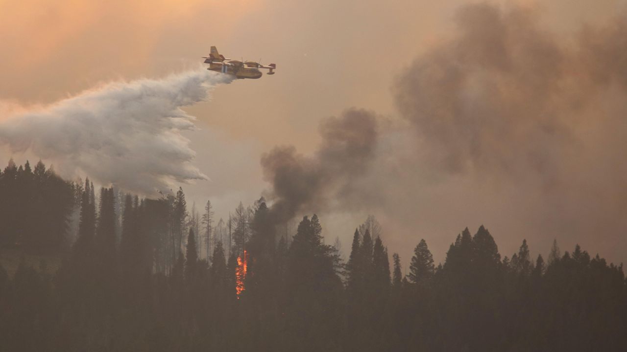 Water scooping plane drops water on flames on August 24.