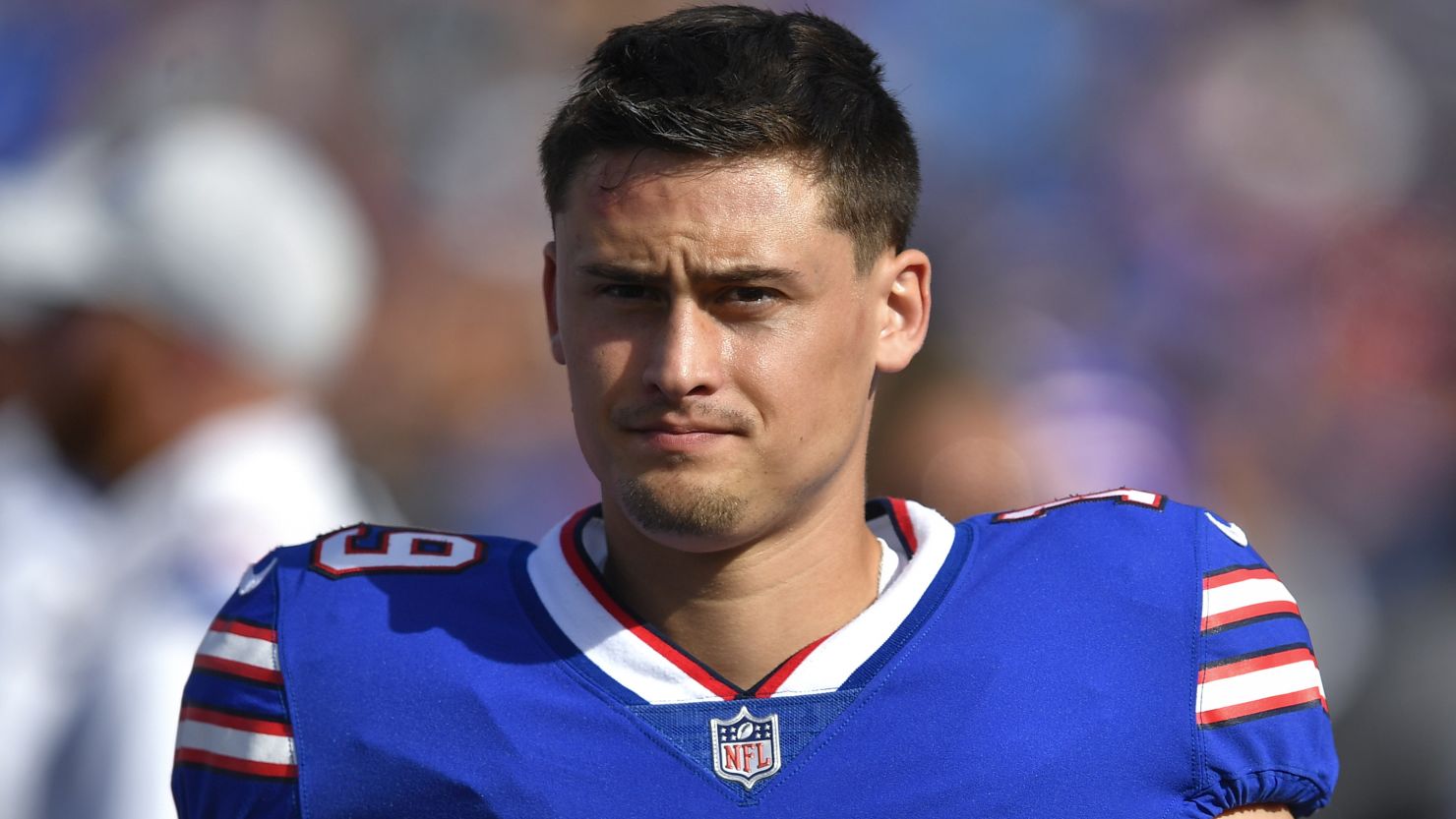 Buffalo Bills punter Matt Araiza walks on the sideline during the first half of a preseason NFL football game against the Indianapolis Colts in Orchard Park, N.Y., on Aug. 13, 2022. 