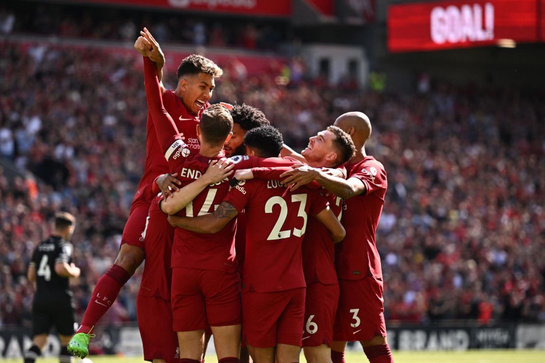 Diaz celebrates with teammates after scoring Liverpool's first goal against Bournemouth.