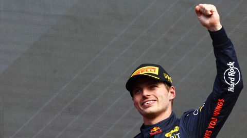 Max Verstappen celebrates on the podium after winning the Belgian Grand Prix.