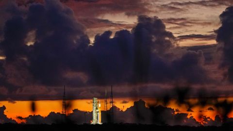 The NASA moon rocket stands ready at sunrise on Pad 39B before the Artemis 1 mission to orbit the Moon at the Kennedy Space Center, Monday, Aug. 29, 2022, in Cape Canaveral, Fla. \