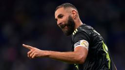 Karim Benzema of Real Madrid CF celebrates after scoring his team's third goal during the LaLiga Santander match between RCD Espanyol and Real Madrid CF at Power8 Stadium on August 28, 2022 in Barcelona, Spain. 