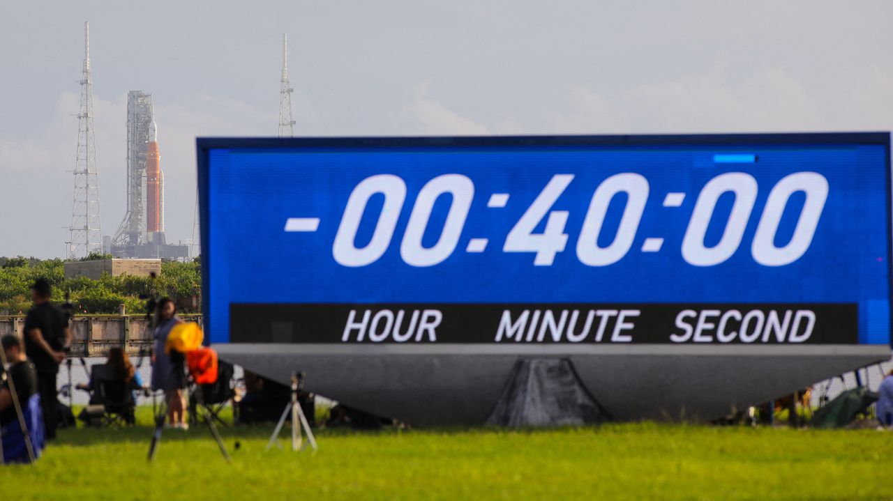 The NASA launch countdown clock was stopped after the launch was delayed on August 29.