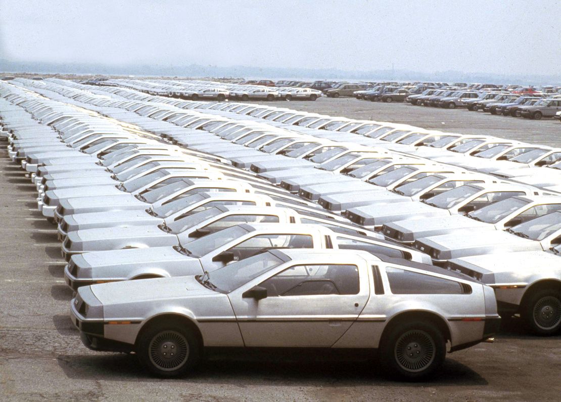 Stainless steel DeLorean cars are stocked in Wilmington Marina Terminal, Wilmington, Del., June 1981, after their arrival from Northern Ireland. (AP Photo)