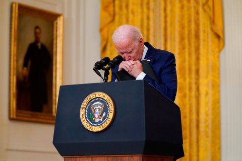 Biden pauses as he listens to a question about <a href="https://www.cnn.com/2021/08/26/middleeast/gallery/kabul-deadly-blasts-afghanistan-airport/index.html" target="_blank">a suicide bombing</a> that took place outside the international airport in Kabul in August 2021. The attack killed dozens of Afghan civilians and 13 US service members. The terror group ISIS-K, which rivals the Taliban in Afghanistan, claimed responsibility for the attack. Biden <a href="https://www.cnn.com/2021/08/26/politics/biden-kabul-attack/index.html" target="_blank">vowed to retaliate.</a> "We will not forgive. We will not forget. We will hunt you down and make you pay," he said.