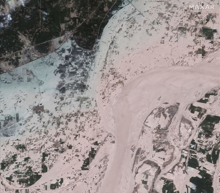 This satellite image shows the scale of the flooding along the banks of the Indus River in Rajanpur, Pakistan, on August 28.