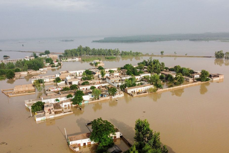 A flooded area is seen from atop a bridge in the Charsadda district on August 27.