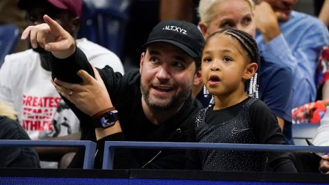 Serena Williams' husband, Alexis Ohanian, and daughter Alexis Olympia Ohanian Jr. watch her play during the first round of the 2022 US Open. 