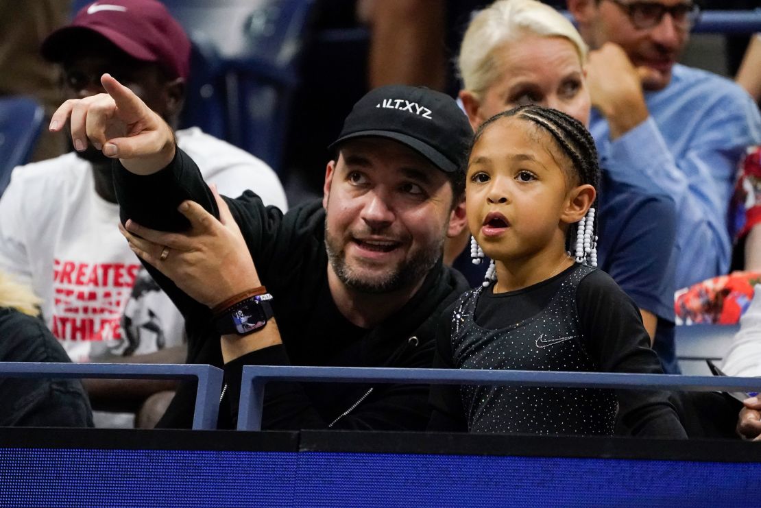 Serena Williams' husband, Alexis Ohanian, and daughter Alexis Olympia Ohanian Jr., watch her play during the first round of the 2022 US Open. 