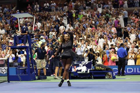 Williams celebrates after her first-round over Danka Kovinic at the US Open. Williams won 6-3, 6-3.