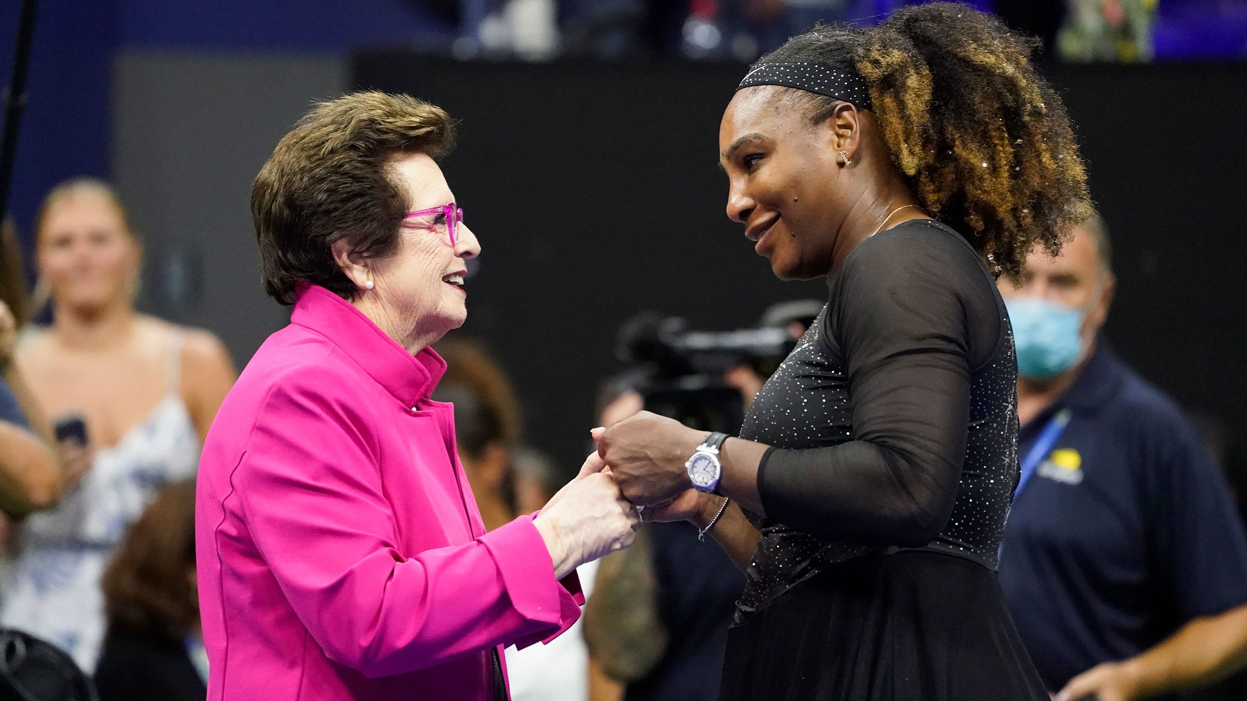 Tennis icon Billie Jean King congratulates Williams after Monday's match. King also spoke during a post-ceremony recognizing Williams and her tremendous career.