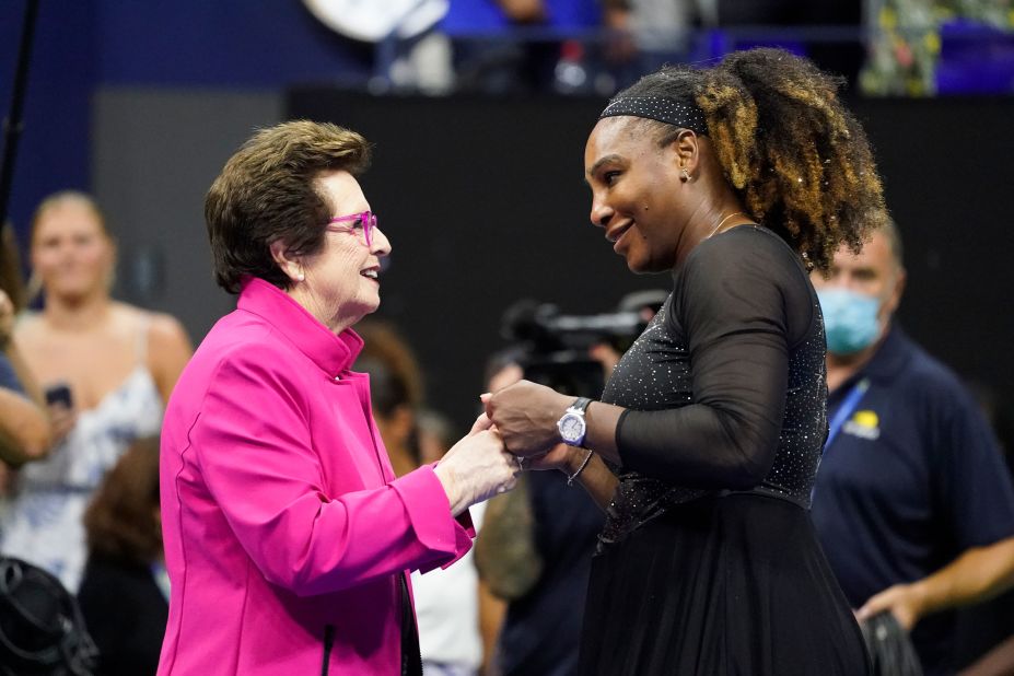 Tennis icon Billie Jean King congratulates Williams after Monday's match. King also spoke during a post-ceremony recognizing Williams and her tremendous career.