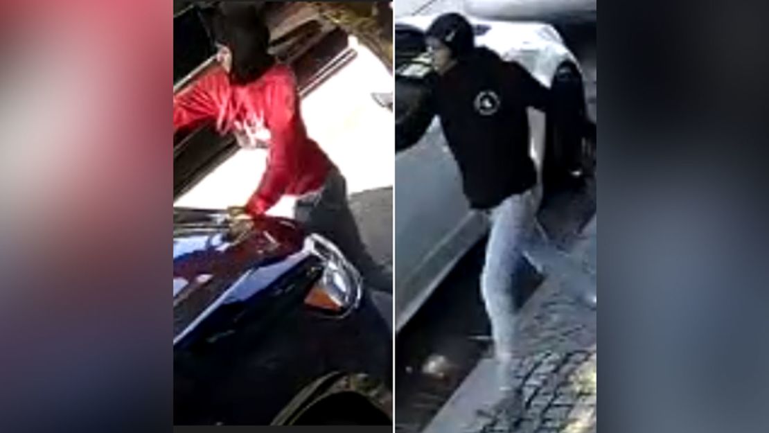 Surveillance image of two suspects wanted in shooting.