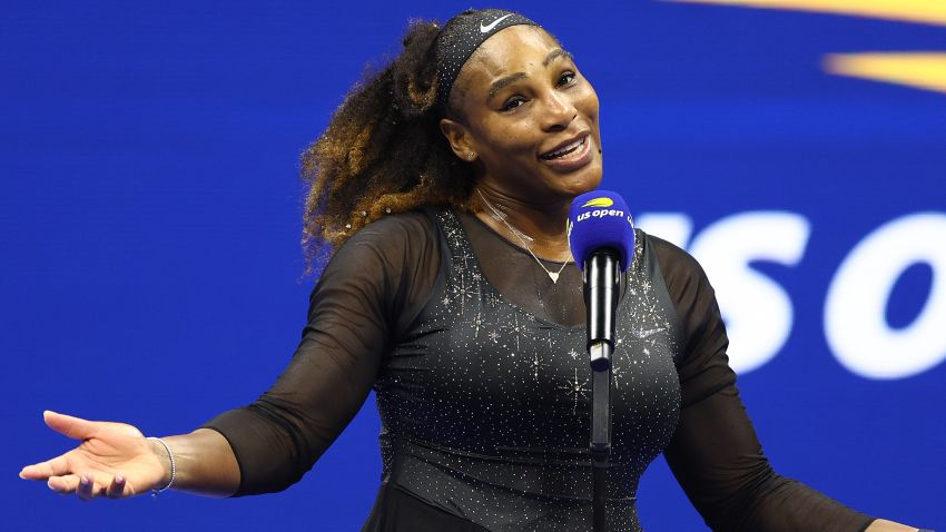 NEW YORK, NEW YORK - AUGUST 29: Serena Williams of the United States is interviewed after her match against Danka Kovinic of Montenegro during the Women's Singles First Round on Day One of the 2022 US Open at USTA Billie Jean King National Tennis Center on August 29, 2022 in the Flushing neighborhood of the Queens borough of New York City. (Photo by Elsa/Getty Images)