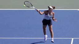 Aug 29, 2022; Flushing, NY, USA; Bianca Andreescu (CAN) hits a forehand against  against Harmony Tan (FRA) (not pictured) on day one of the 2022 U.S. Open tennis tournament at USTA Billie Jean King National Tennis Center. 