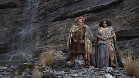Sophia Nomvetter, right, plays Princess Disa, the first Black female dwarf in Middle-earth. She is standing next to Prince Durin IV, played by Owain Arthur.