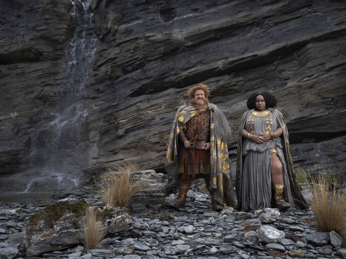 Sophia Nomvetter, right, plays Princess Disa, the first Black female dwarf in Middle-earth. She is standing next to Prince Durin IV, played by Owain Arthur.