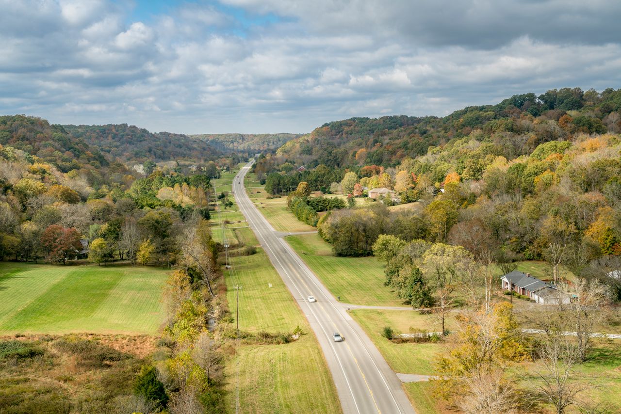Tennessee Highway 96 as seen from the Double Arch Bridge at Natchez Trace Parkway near the town of Franklin.