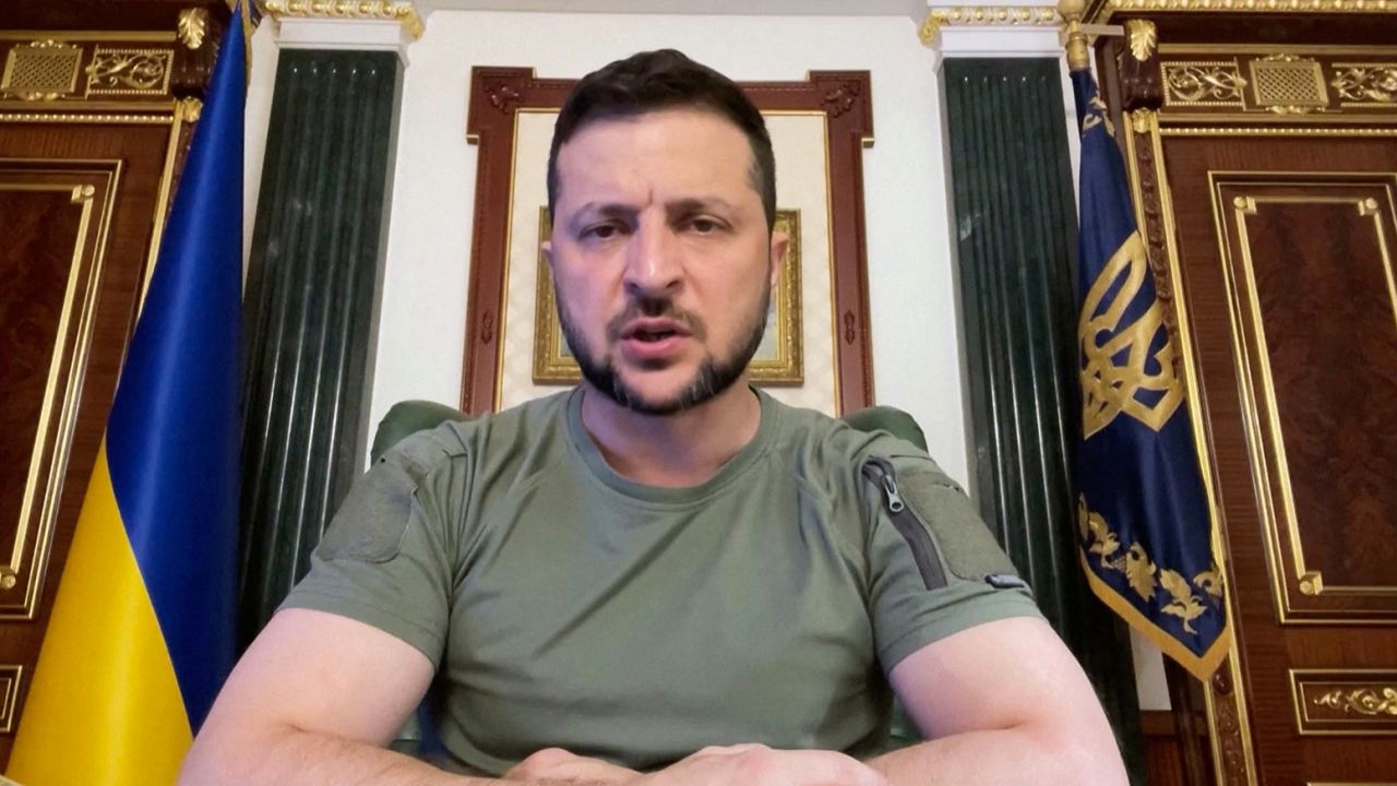 Ukrainian President Volodymyr Zelenskiy speaks during his nightly address where he mentions that Ukrainian troops will chase the Russian army "to the border", as his senior advisor confirmed Ukrainian troops had broken through Russian defences in several sectors of the front line near the city of Kherson, in this still image taken from video recorded in Kyiv, Ukraine, August 29, 2022. 
