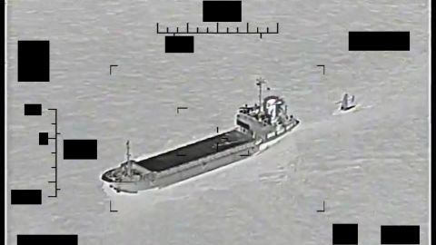 Screenshot of a video showing support ship Shahid Baziar, left, from Iran's Islamic Revolutionary Guard Corps Navy unlawfully towing a Saildrone Explorer unmanned surface vessel in international waters of the Arabian Gulf on August 30, 2022.