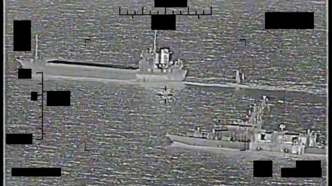 Screenshot of a video showing support ship Shahid Baziar, left, from Iran's Islamic Revolutionary Guard Corps Navy unlawfully towing a Saildrone Explorer unmanned surface vessel in international waters of the Persian Gulf as U.S. Navy patrol coastal ship USS Thunderbolt approaches in response, Aug. 30.