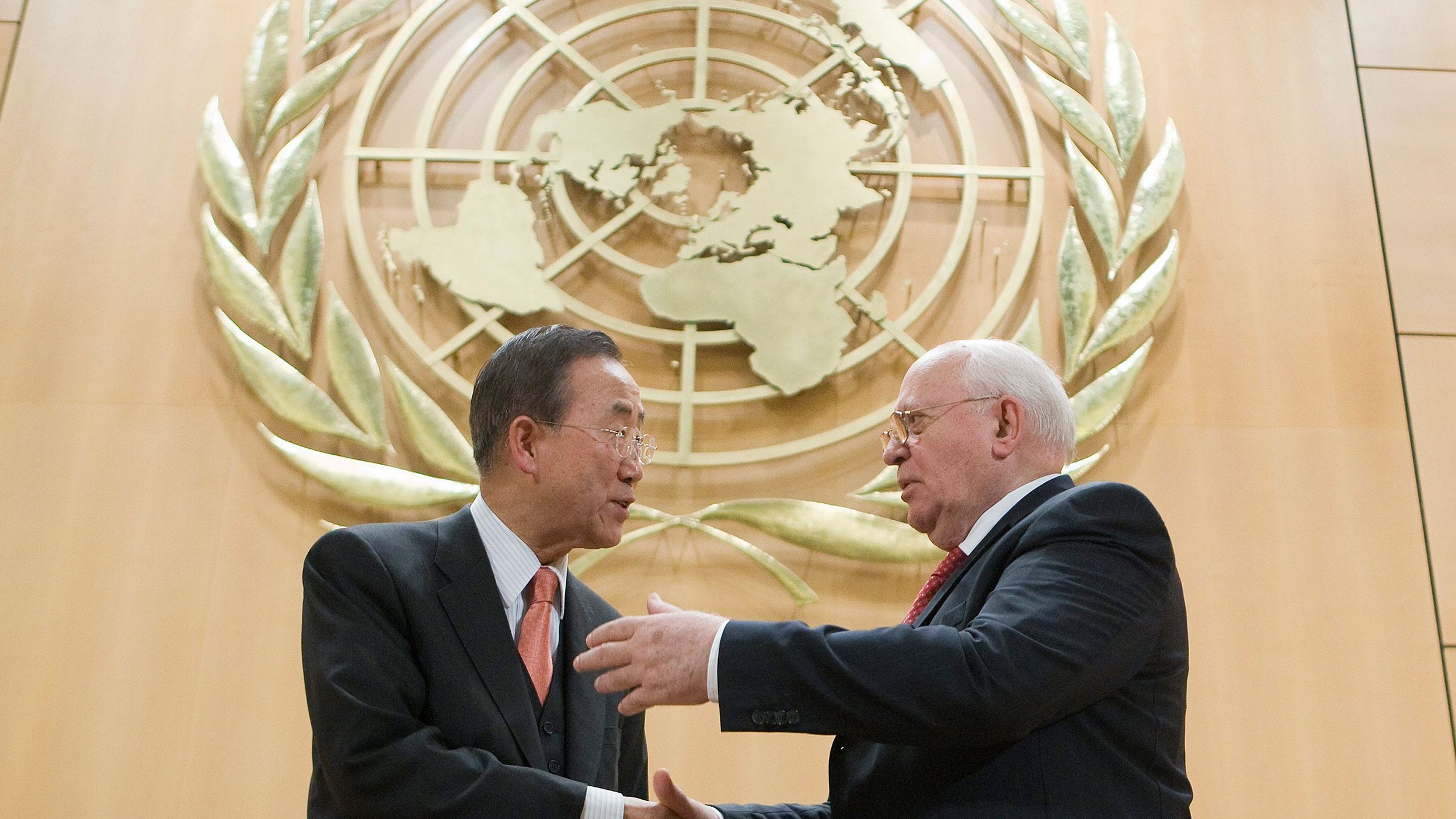 Gorbachev and United Nations Secretary-General Ban Ki-moon shake hands at the UN's European headquarters in 2009. The theme that day was "resetting the nuclear disarmament agenda."