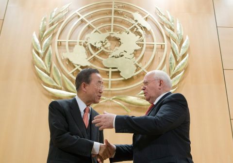 Gorbachev and United Nations Secretary-General Ban Ki-moon shake hands at the UN's European headquarters in 2009. The theme that day was 