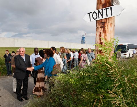 Gorbachev shakes hands with a member of Green Cross International during a tour of New Orleans' Lower Ninth Ward in 2007. Gorbachev founded Green Cross International, an environmentalist organization.