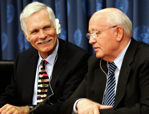 CNN founder Ted Turner and Gorbachev answer questions during a United Nations news conference in 2005. Gorbachev was presenting Turner with the Alan Cranston Peace Award later that day.