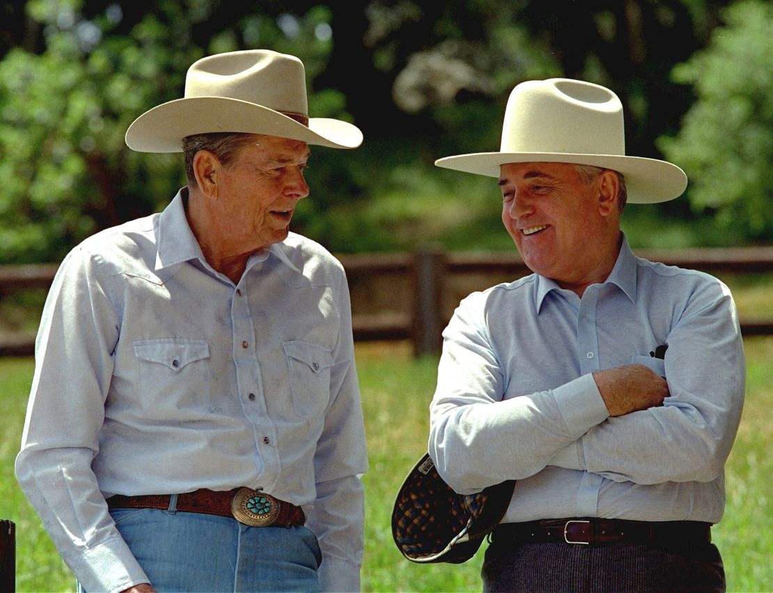 Former President Ronald Reagan, left, and former Soviet President Mikhail Gorbachev don cowboy hats on Reagan's Rancho del Cielo in California. 