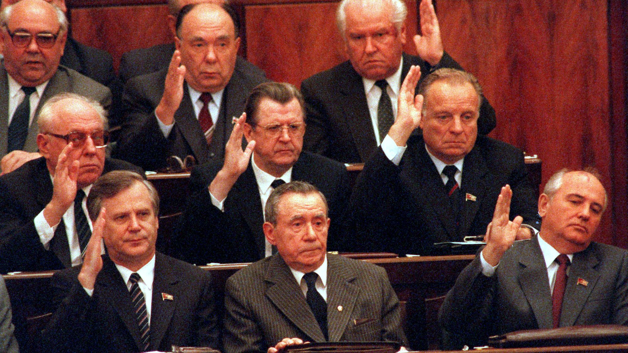 Gorbachev, bottom right, and members of the Politburo vote to remove Andrei Gromyko, bottom center, as Chairman of the Presidium of the Supreme Soviet in October 1988. Gorbachev would then succeed him in the role.