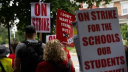 Teachers at Columbus City Schools strike outside Livingston Elementary School, August 22, 2022.