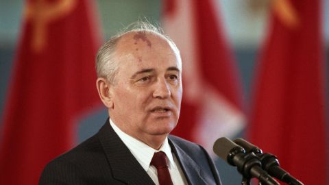 Gorbachev speaks during a visit to Ottawa, Canada in 1990.