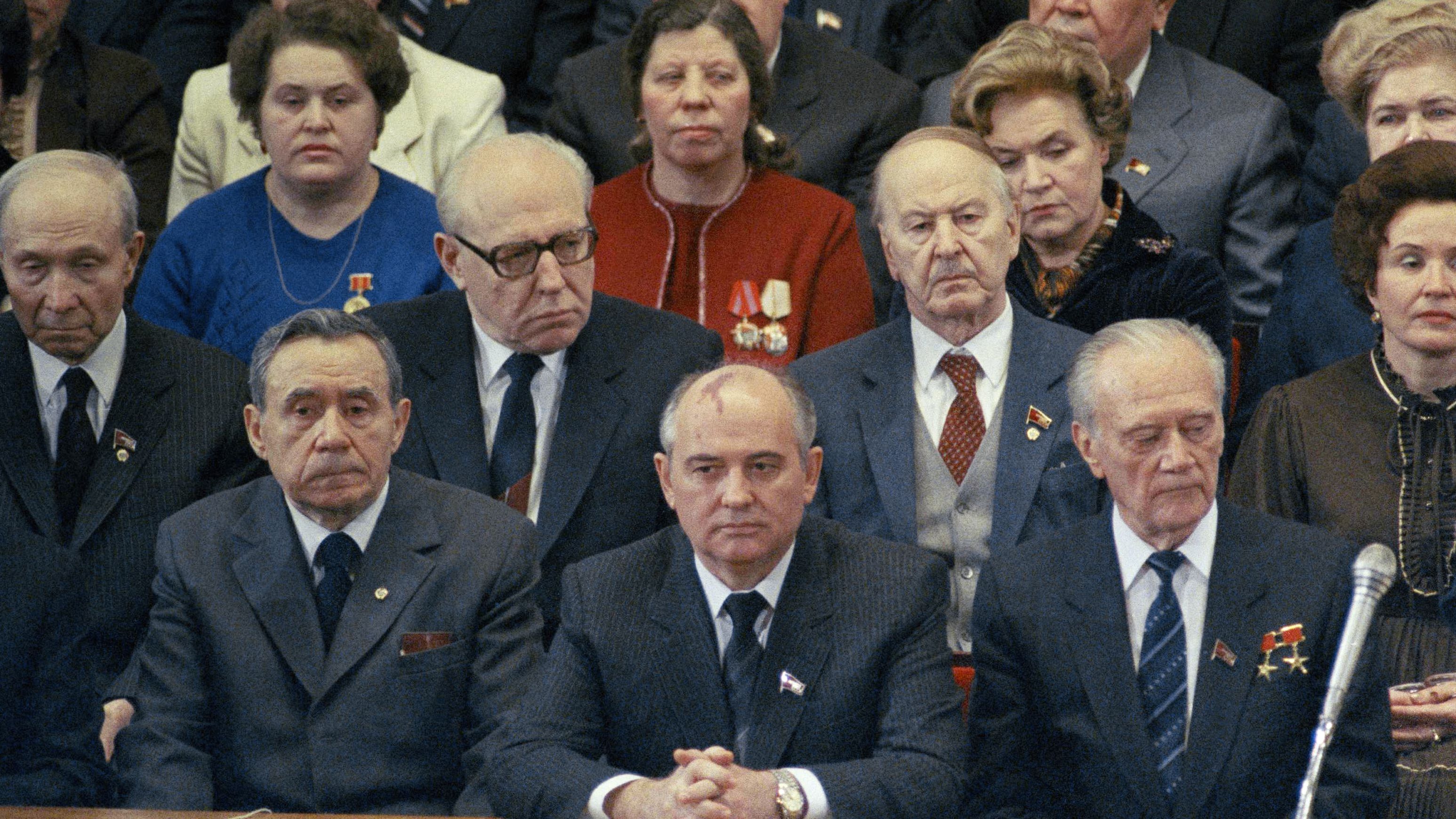 Gorbachev, front center, attends an International Women's Day Gala in Moscow in March 1985. He became a full Politburo member in 1980, and he rose to the top party spot in 1985. That effectively made him the leader of the Soviet Union.