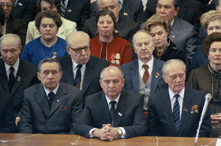 Gorbachev, front center, attends an International Women's Day Gala in Moscow in March 1985. He became a full Politburo member in 1980, and he rose to the top party spot in 1985. That effectively made him the leader of the Soviet Union.