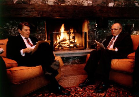 Gorbachev and US President Ronald Reagan hold a historic 