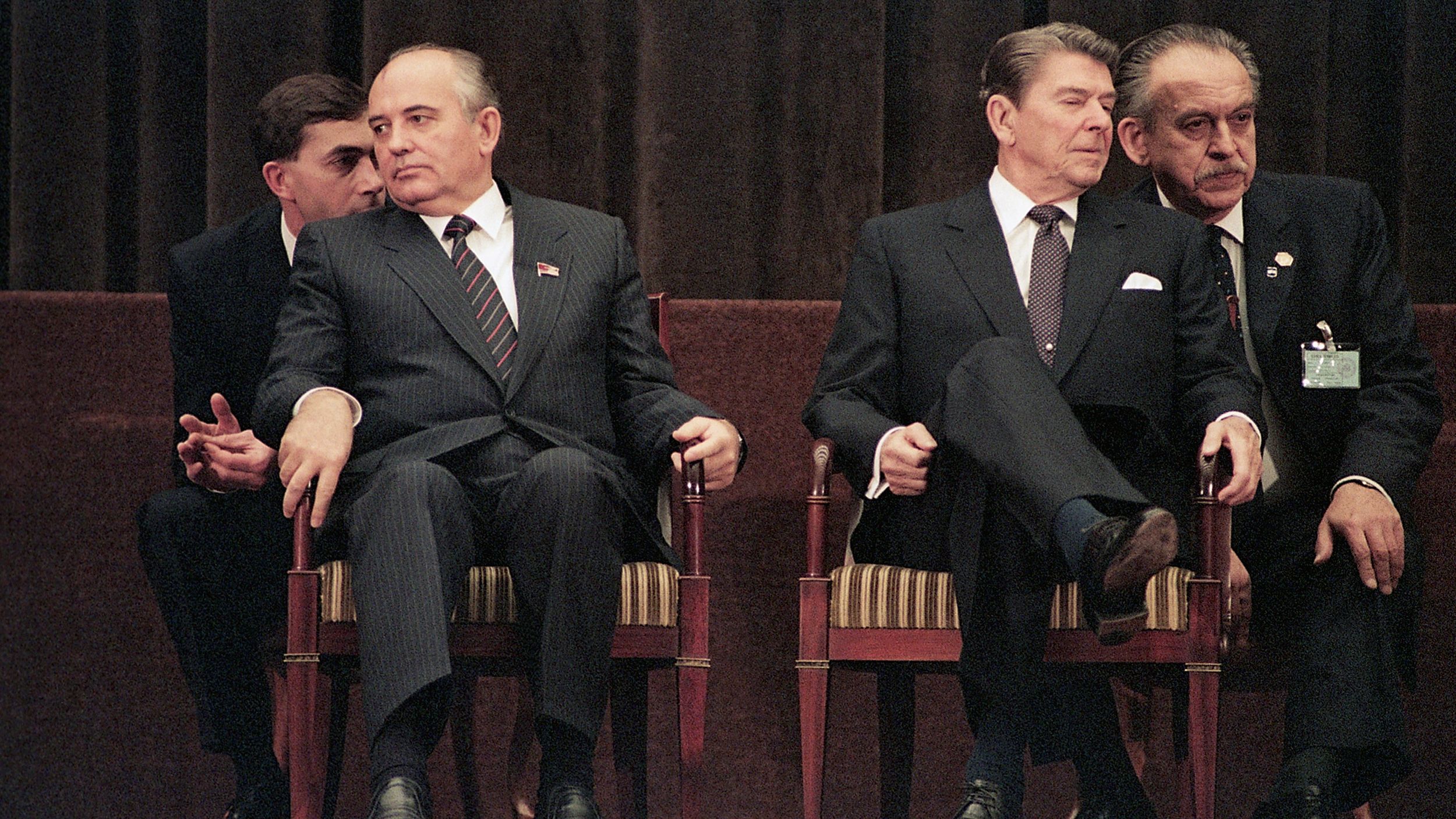 Gorbachev and Reagan attend the closing ceremony for the Geneva Summit in November 1985.