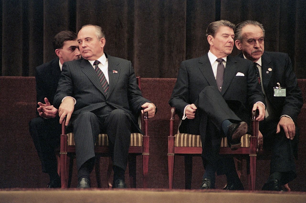 Gorbachev and Reagan attend the closing ceremony for the Geneva Summit in November 1985.