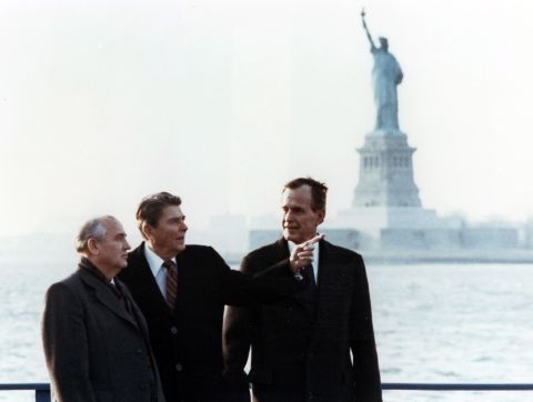Gorbachev visits New York with Reagan and US Vice President George H.W. Bush in December 1988.