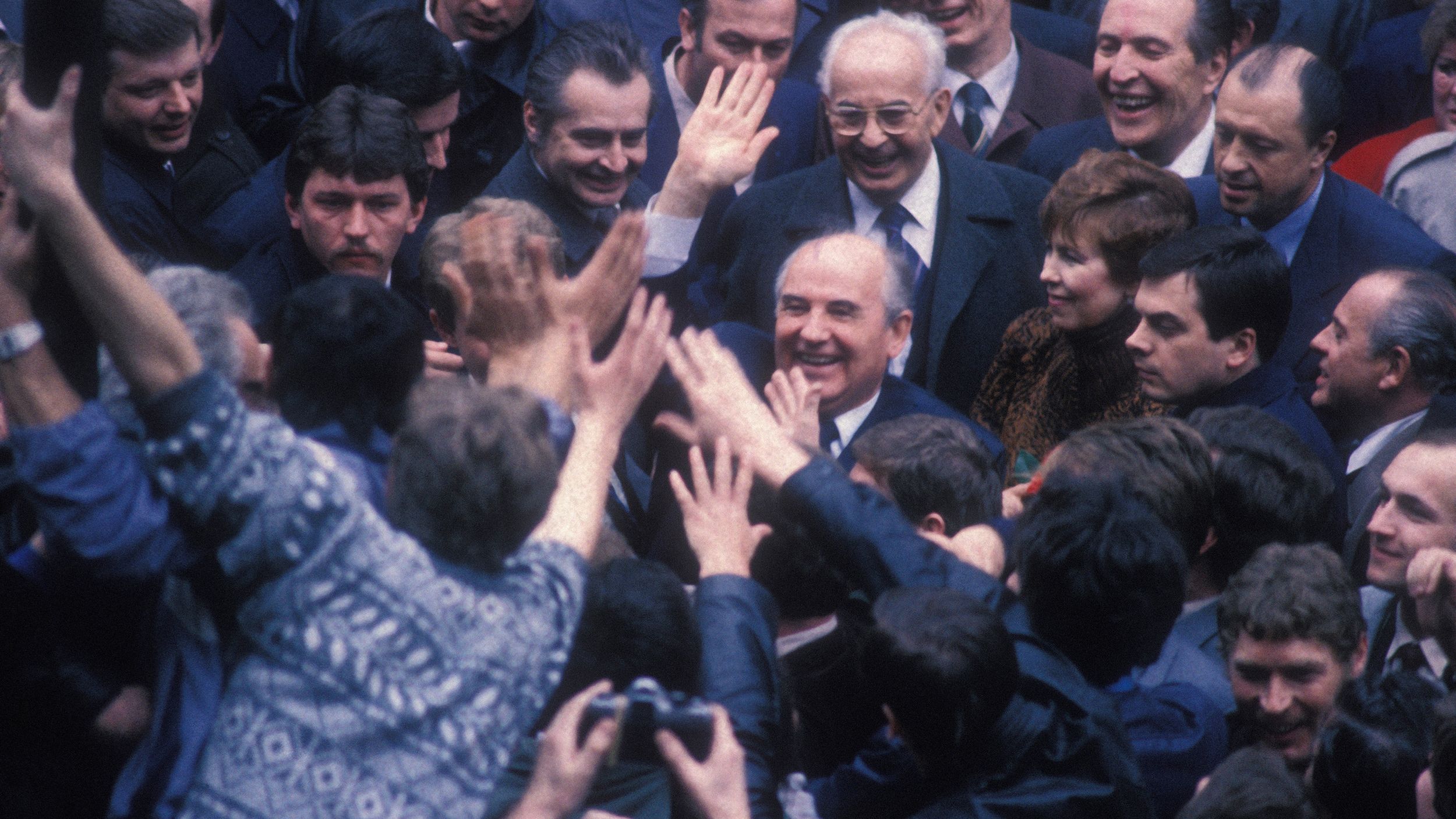 Gorbachev and his wife, Raisa, are welcomed in Prague, Czechoslovakia, in April 1987.