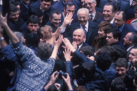 Gorbachev and his wife, Raisa, are welcomed in Prague, Czechoslovakia, in April 1987.